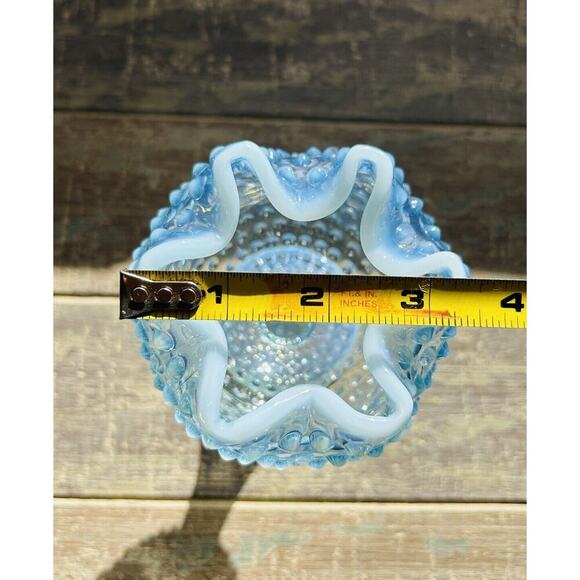 EUC Duncan Miller Blue Opalescent Glass Footed Hobnail Vase Ruffle Crimped - Picture 13 of 16